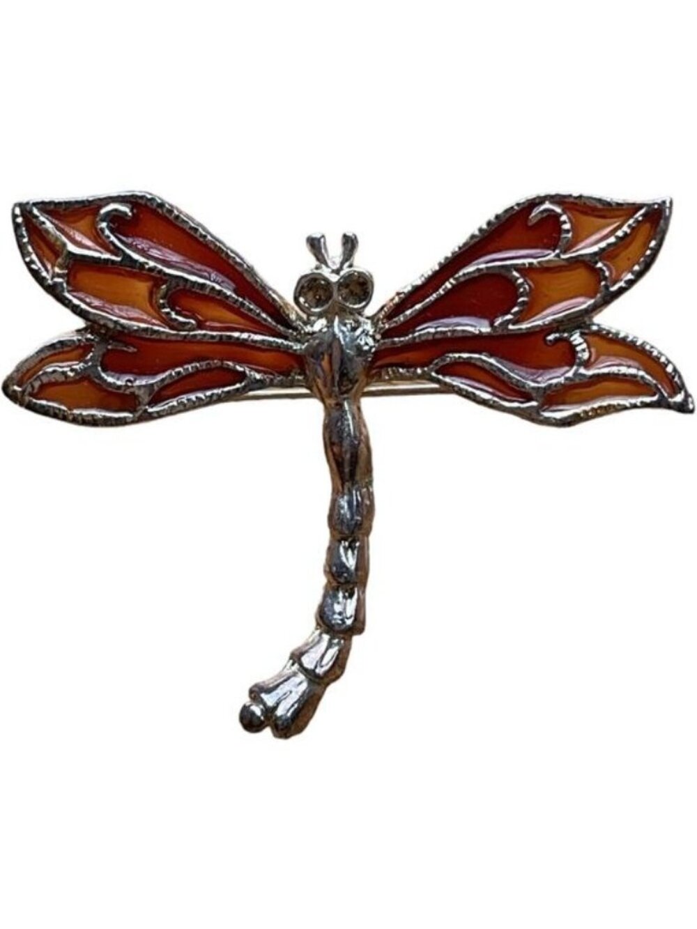 Vintage Art Nouveau Orange Enamel Dragonfly Brooch Silver Insect Pin Goth Fairy